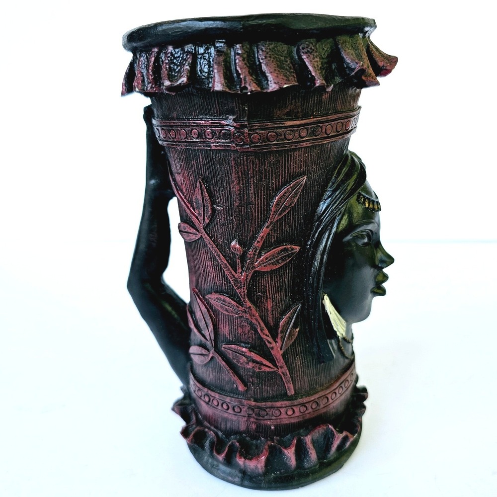 Vtg Tribal Resin Woman Face Vase Boho Goddess Black Gold Relief Sculptural Decor